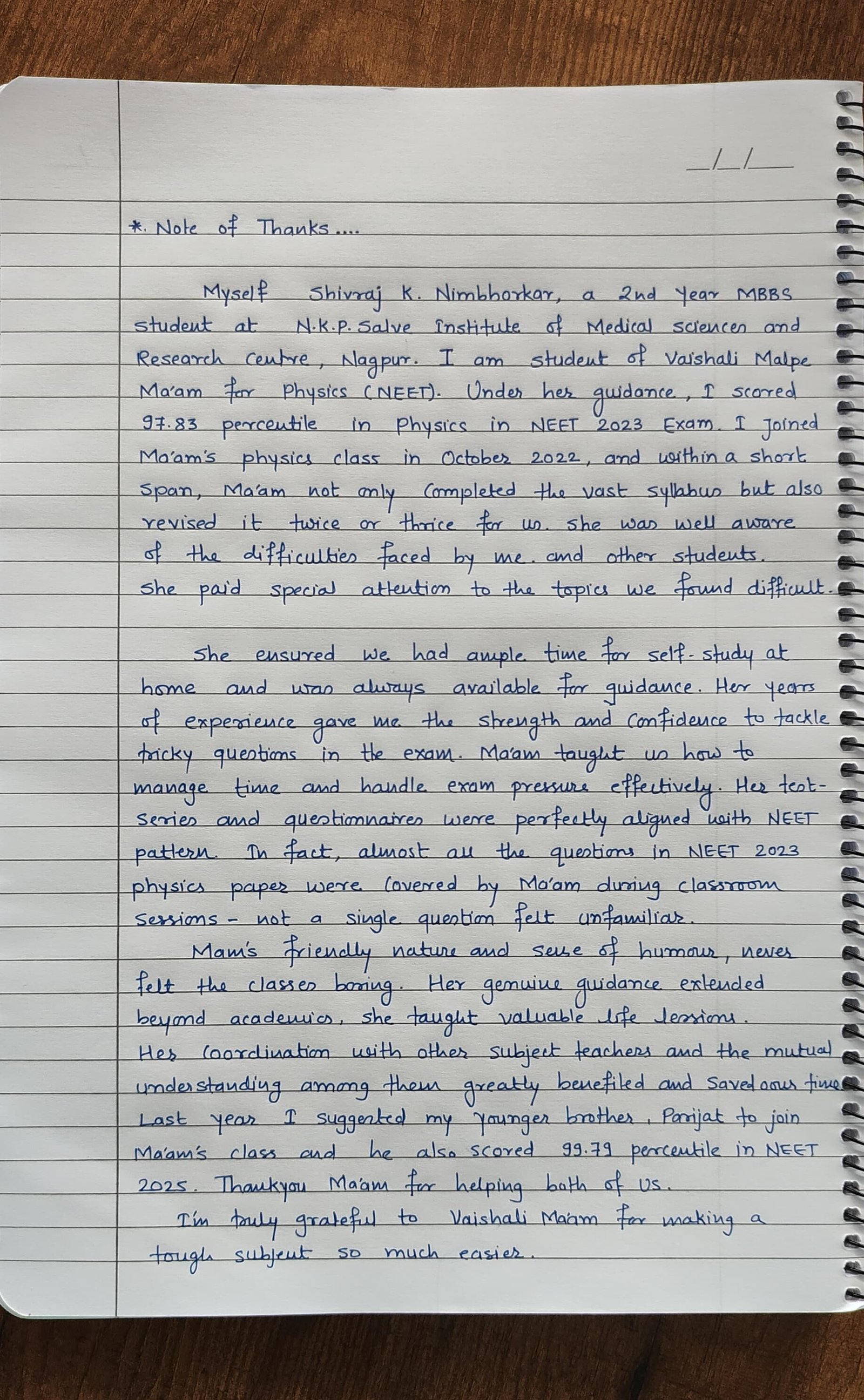 Handwritten Testimonial